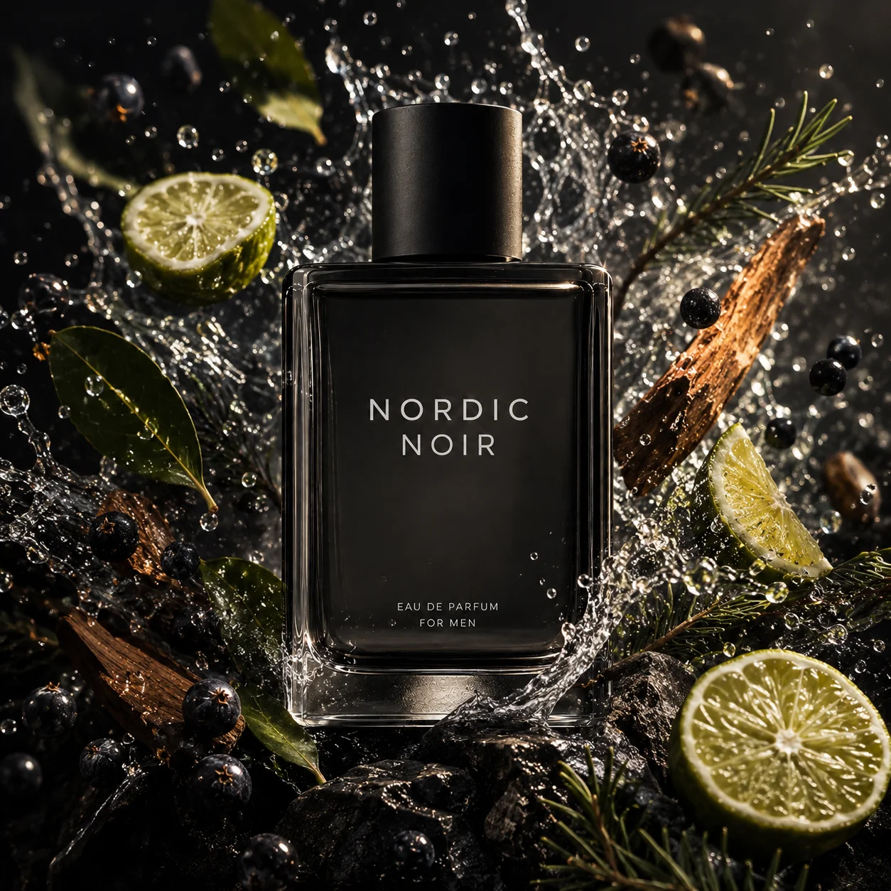 Perfume Nordic Noir rodeado de agua, cítricos, hojas y elementos aromáticos en una composición dinámica.