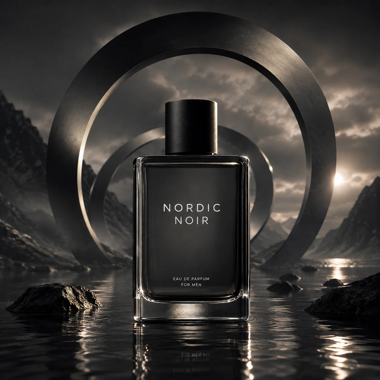 Perfume Nordic Noir en un paisaje conceptual oscuro con aros escultóricos y reflejos en el agua.