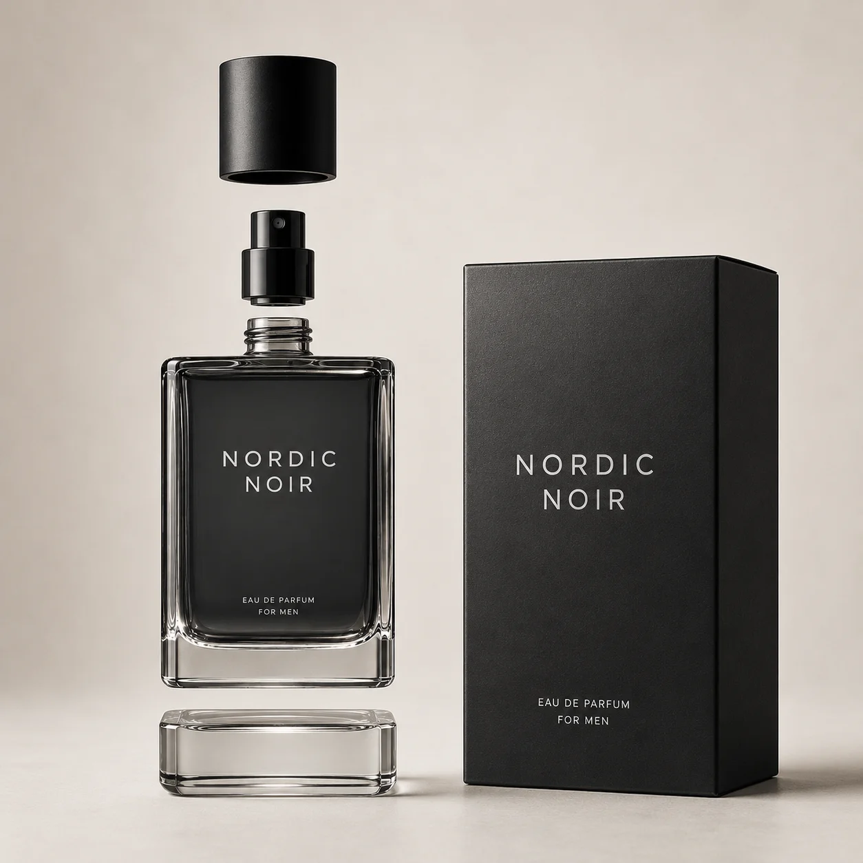 Perfume Nordic Noir con vista despiezada y caja del producto para mostrar sus componentes.
