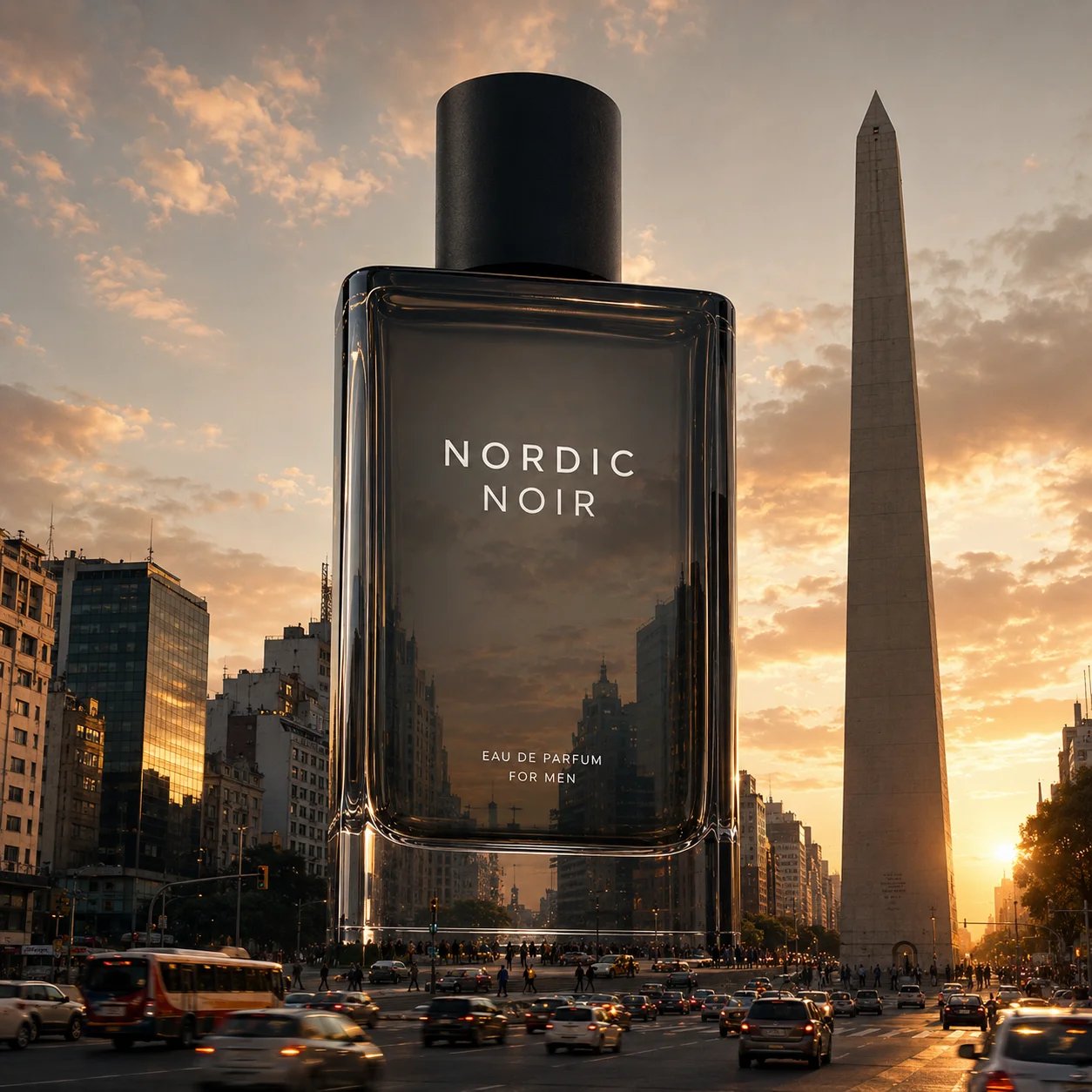 Perfume Nordic Noir en escala monumental integrado en una avenida urbana al atardecer.