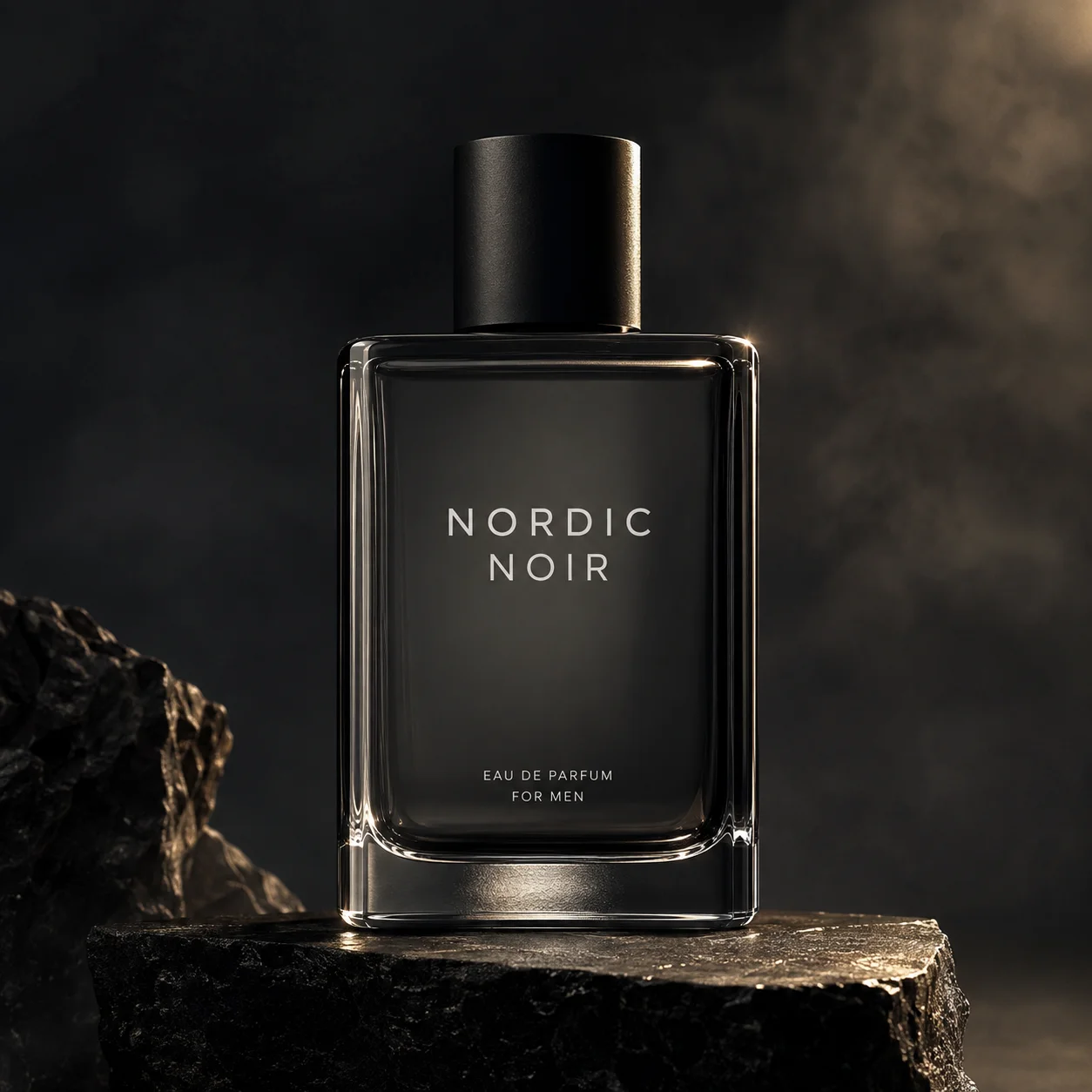 Perfume Nordic Noir en una presentación comercial premium sobre piedra oscura.
